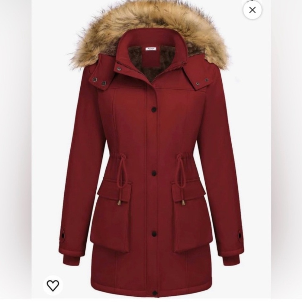 Beyove Burgundy Winter Hoodie Jacket Sherpa Inside Faux Fur Coat
